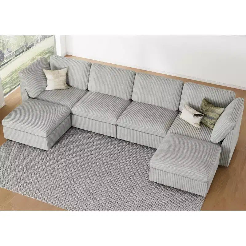Belffin U-Shaped 6-Seater Corduroy Sectional - Modular Sofa with Storage Ottoman & Convertible Design