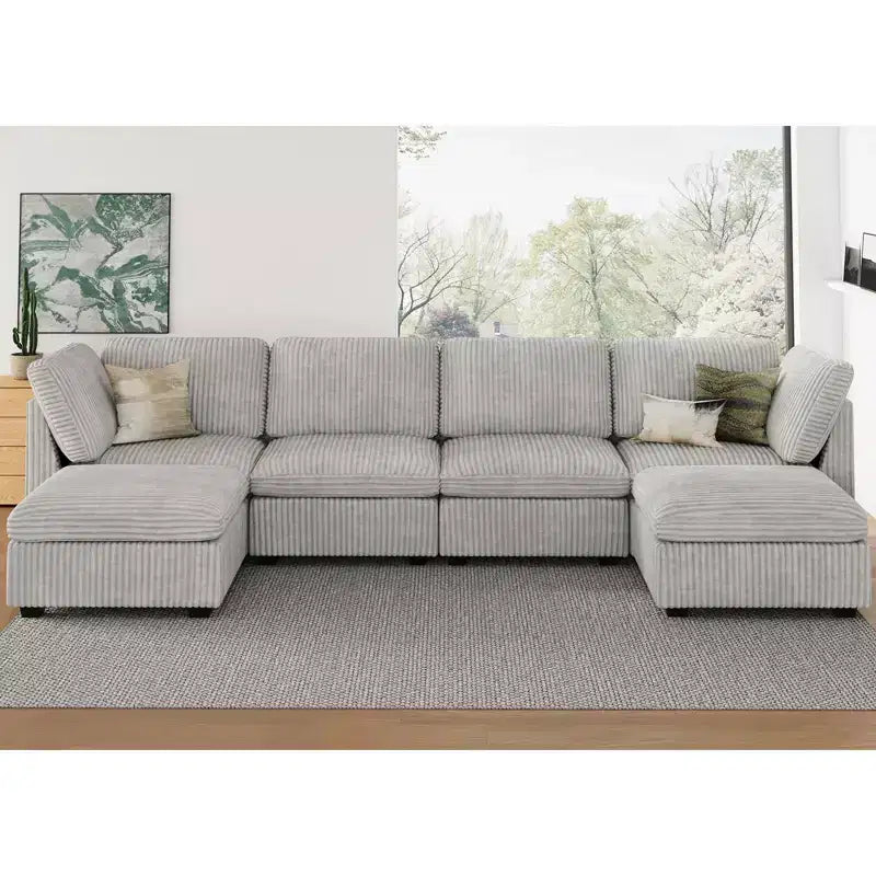 Belffin U-Shaped 6-Seater Corduroy Sectional - Modular Sofa with Storage Ottoman & Convertible Design