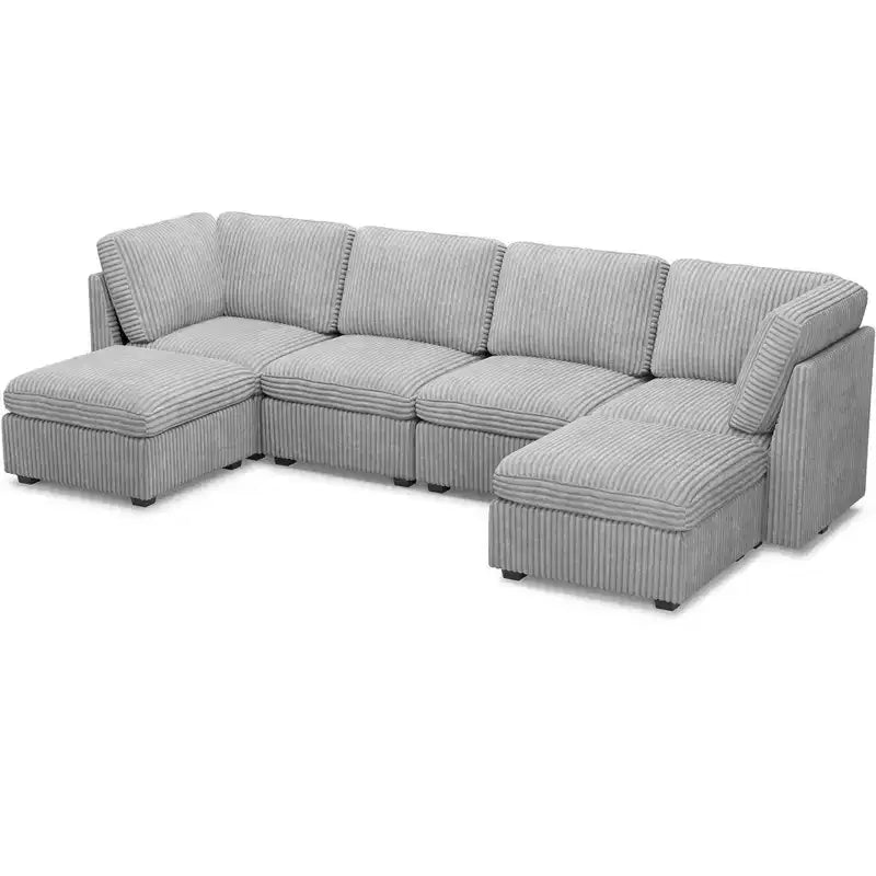 Belffin U-Shaped 6-Seater Corduroy Sectional - Modular Sofa with Storage Ottoman & Convertible Design