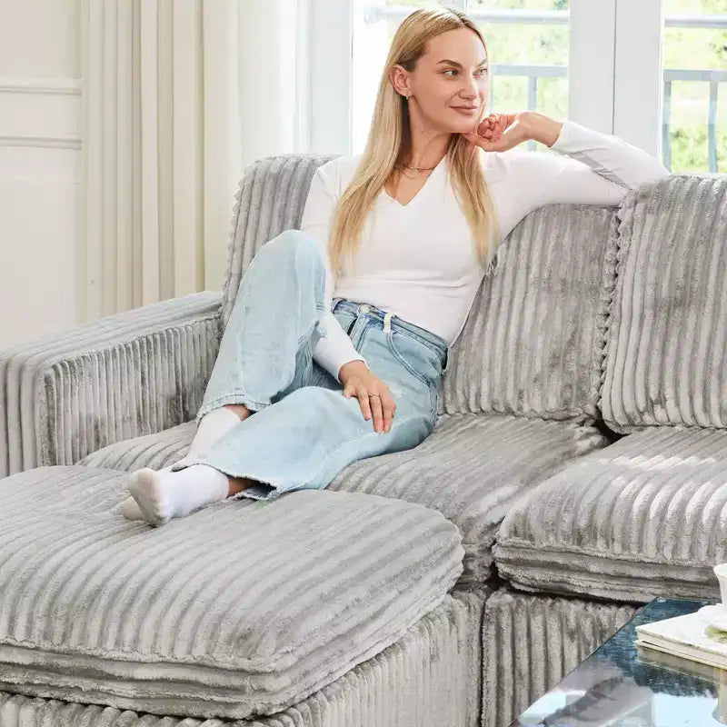Belffin U-Shaped 6-Seater Corduroy Sectional - Modular Sofa with Storage Ottoman & Convertible Design