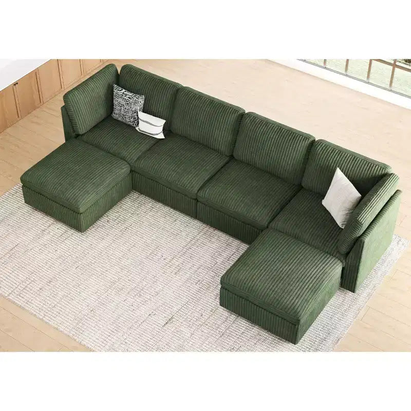 Belffin U-Shaped 6-Seater Corduroy Sectional - Modular Sofa with Storage Ottoman & Convertible Design