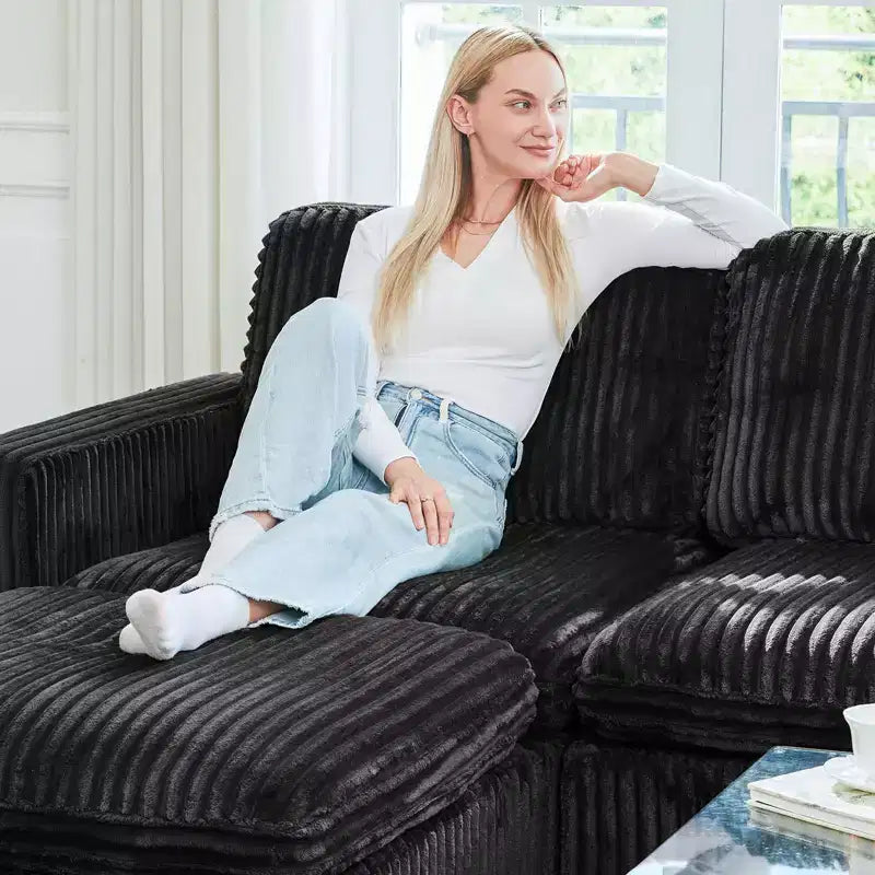 Belffin U-Shaped 6-Seater Corduroy Sectional - Modular Sofa with Storage Ottoman & Convertible Design