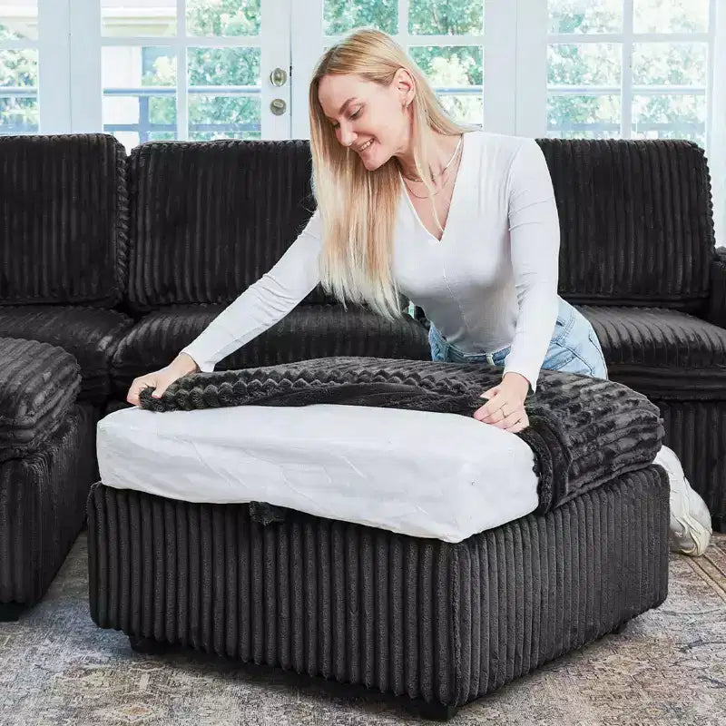 Belffin U-Shaped 6-Seater Corduroy Sectional - Modular Sofa with Storage Ottoman & Convertible Design