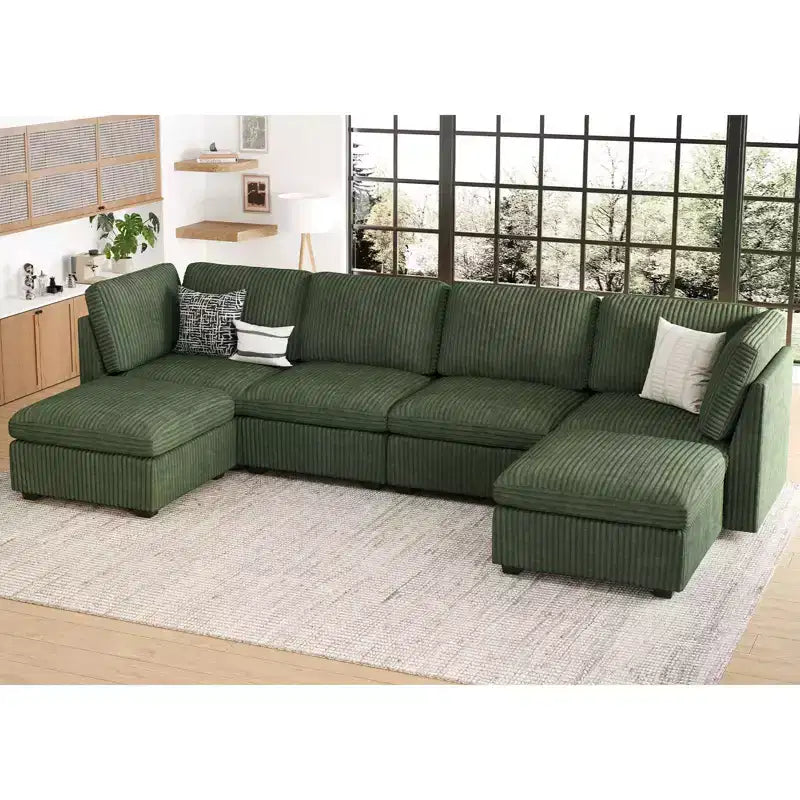 Belffin U-Shaped 6-Seater Corduroy Sectional - Modular Sofa with Storage Ottoman & Convertible Design