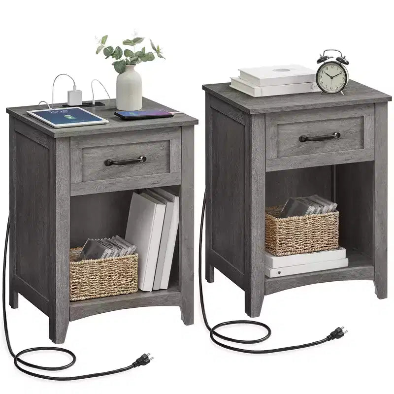 LIRY 2-Piece Farmhouse Nightstand Set with USB Charging Station, Drawer & Open Shelf, Bedside Table for Home Decor, Misty Gray