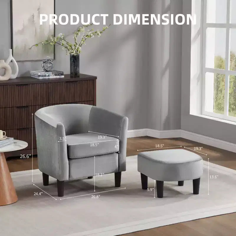 Bestier Gray Modern Velvet Accent Chair with Ottoman U-Shaped Back& 4 Thick Padded Seat