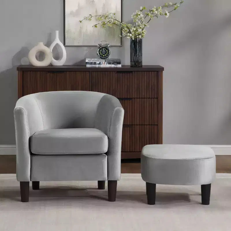 Bestier Gray Modern Velvet Accent Chair with Ottoman U-Shaped Back& 4 Thick Padded Seat