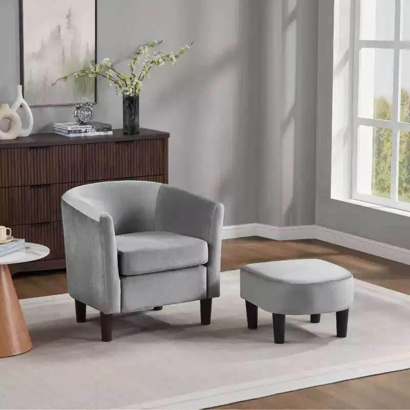 Bestier Gray Modern Velvet Accent Chair with Ottoman U-Shaped Back& 4 Thick Padded Seat