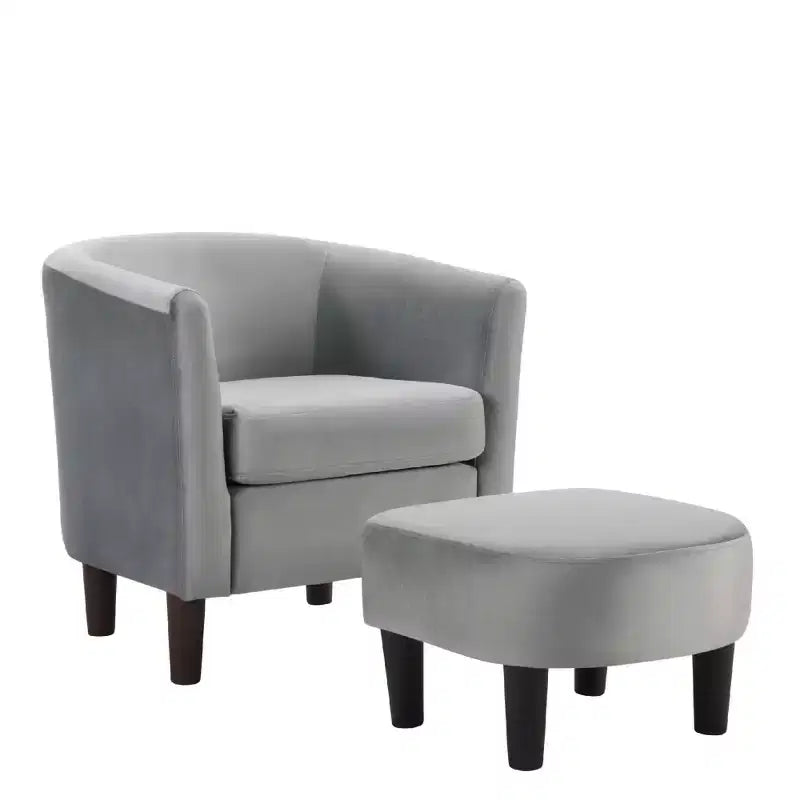 Bestier Gray Modern Velvet Accent Chair with Ottoman U-Shaped Back& 4 Thick Padded Seat