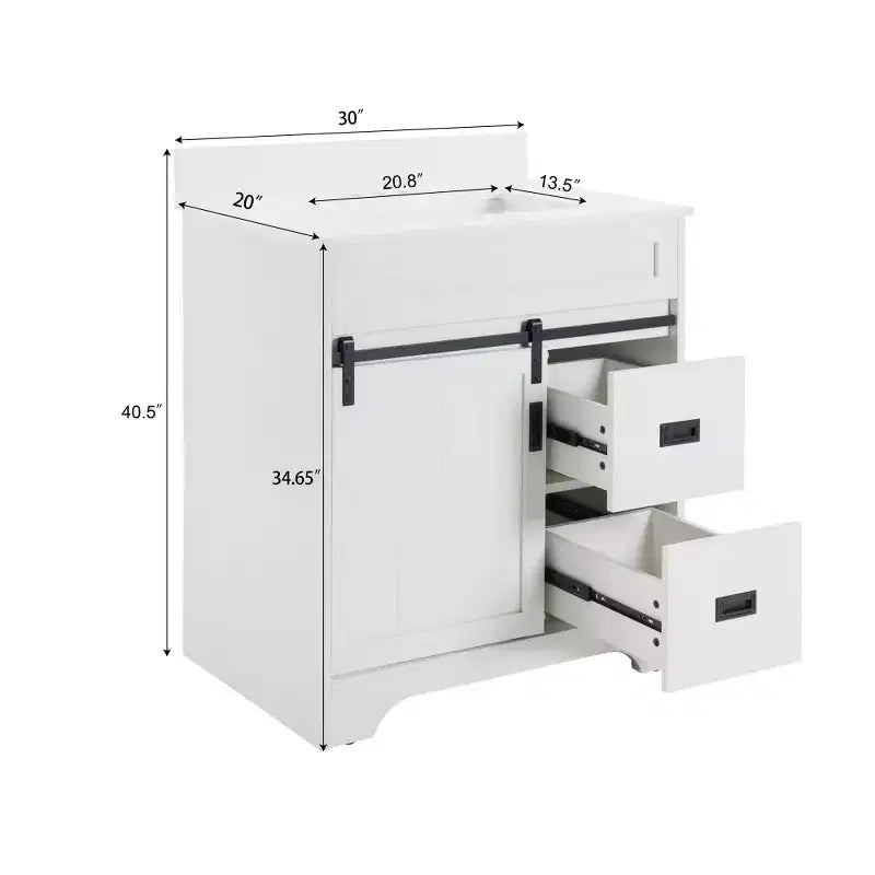 Meuble-lavabo de salle de bain Bestier 30 Blanc de style ferme avec portes coulissantes en forme de grange, 2 tiroirs, meuble-lavabo autoportant avec dosseret protecteur