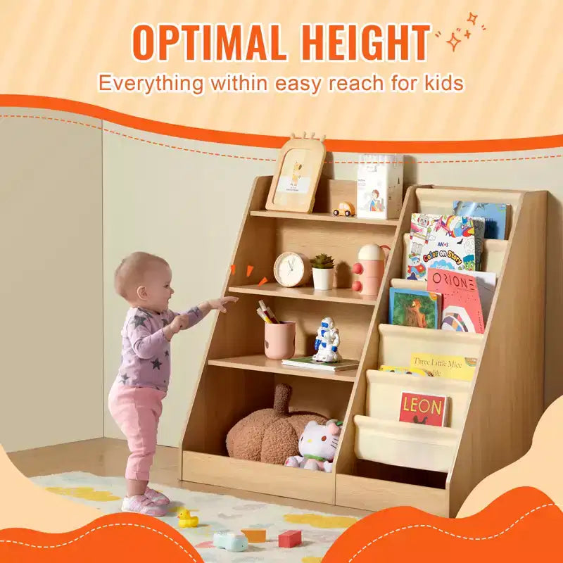 VEVOR 4-Tier Kids Wooden Bookshelf, Six-Layer Sling Bookcase, Baby Storage Book Rack, Book Toy Organizer Cabinet, for Kids Room, Playroom