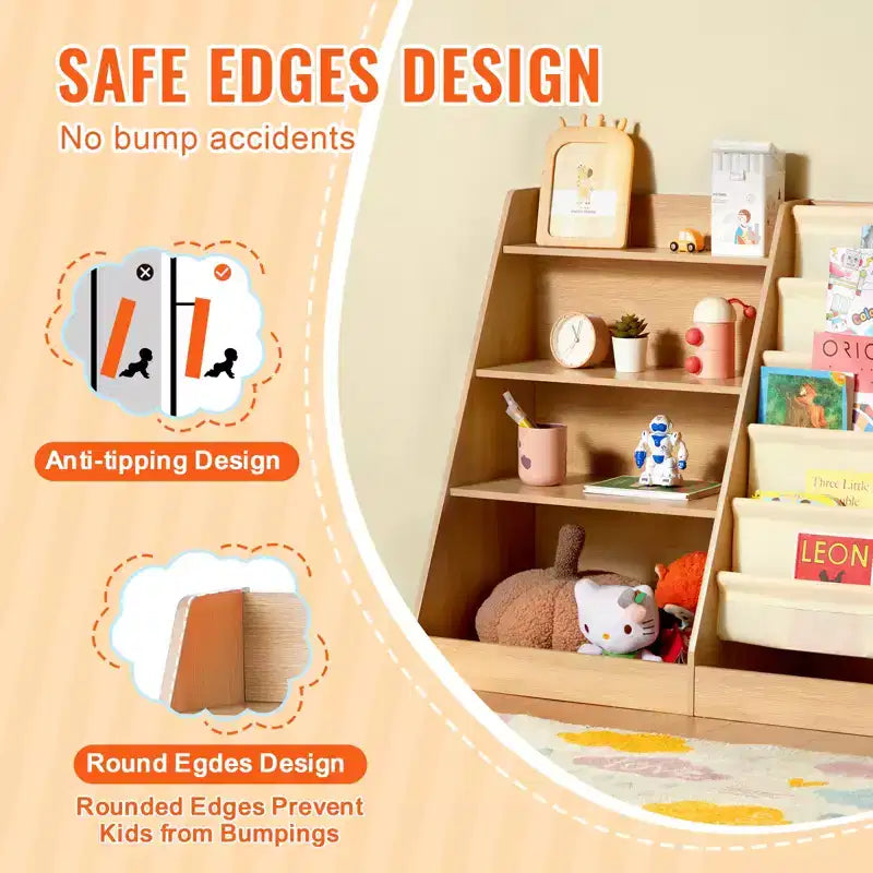 VEVOR 4-Tier Kids Wooden Bookshelf, Six-Layer Sling Bookcase, Baby Storage Book Rack, Book Toy Organizer Cabinet, for Kids Room, Playroom