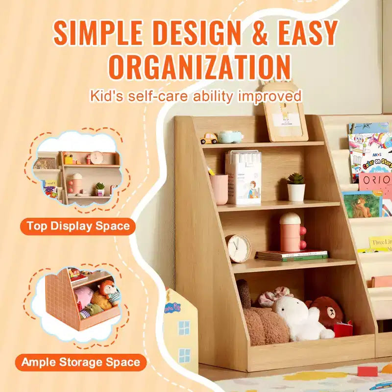 VEVOR 4-Tier Kids Wooden Bookshelf, Six-Layer Sling Bookcase, Baby Storage Book Rack, Book Toy Organizer Cabinet, for Kids Room, Playroom