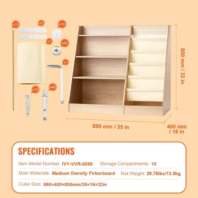 VEVOR 4-Tier Kids Wooden Bookshelf, Six-Layer Sling Bookcase, Baby Storage Book Rack, Book Toy Organizer Cabinet, for Kids Room, Playroom