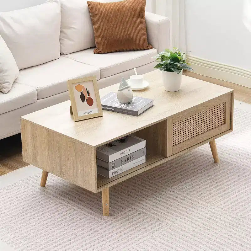 VEVOR Rattan Coffee Table, Mid Century Modern Coffee Table, Rectangle Wood Coffee Table, 42 Inch Modern Boho Style Two Layers Storage Coffee Table
