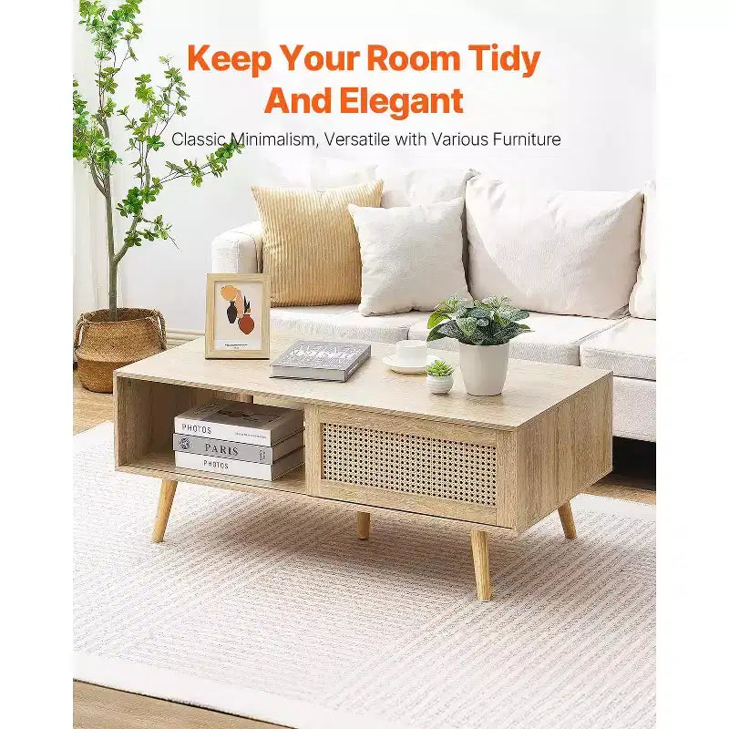 VEVOR Rattan Coffee Table, Mid Century Modern Coffee Table, Rectangle Wood Coffee Table, 42 Inch Modern Boho Style Two Layers Storage Coffee Table