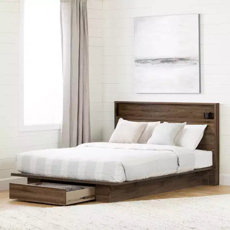HomeStock 8.5 in.H Adjustable (Full to Queen) Size Brown with Storage Beds made of Particle Board Bed Frame