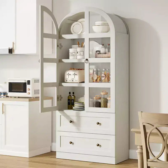 Garvee Tall Farmhouse Kitchen Pantry, Arched Wood Kitchens Storage Cabinets with 2 Large Drawers, Easy Assembly