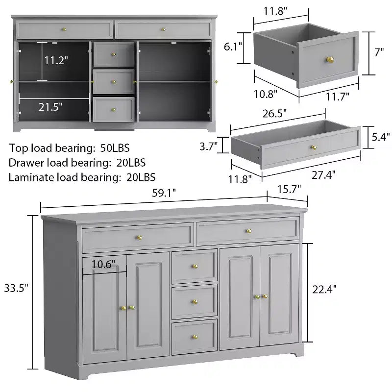 Famapy 5 Drawer Horizontal Dresser Multifunctional Storage Cabinet Living Room Storage Solutions
