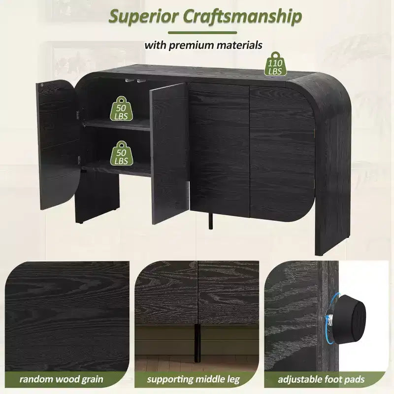 Wood Sideboard Cabinet with Curvy Edge, 4 Doors Retro Credenza Storage Cabinet with Adjustable Shelves for Living Room