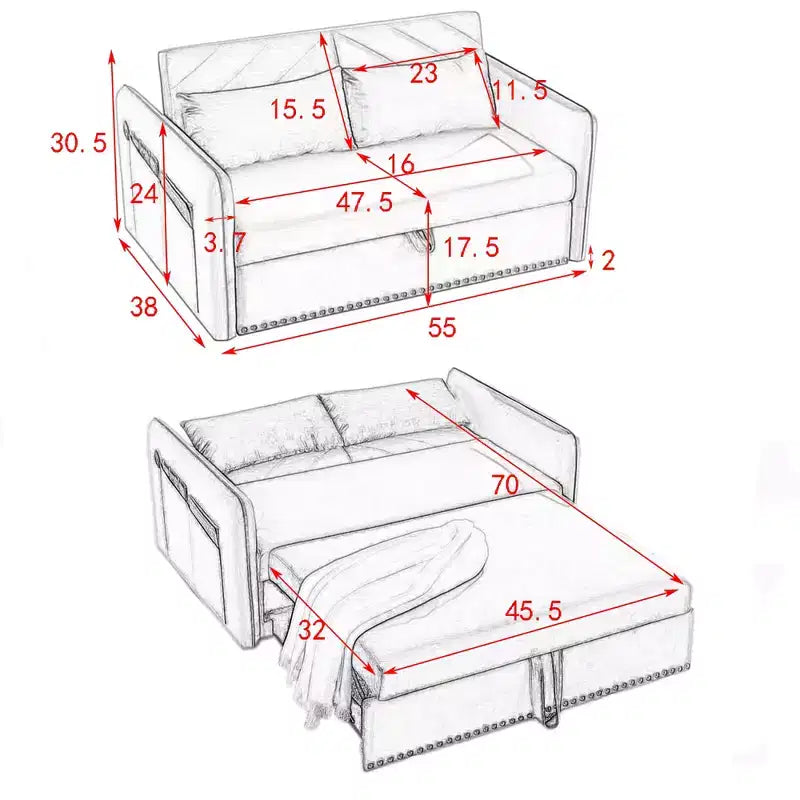 MAYEERTY Sleeper Sofa Bed with USB, 3-in-1 Adjustable Pull-Out Bed & Side Pocket (Velvet)