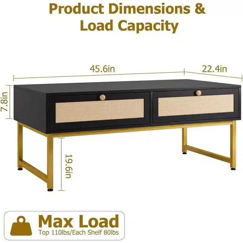 Acekool 46 Metal Frame Rattan Coffee Table with Double Drawers, Hidden Storage Compartment & Open Shelf