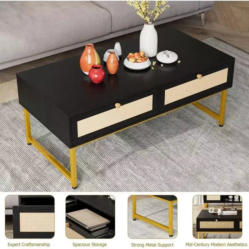 Acekool 46 Metal Frame Rattan Coffee Table with Double Drawers, Hidden Storage Compartment & Open Shelf