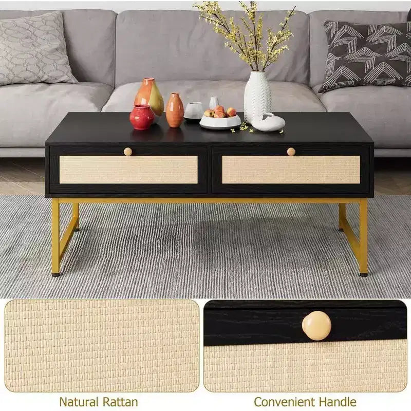 Acekool 46 Metal Frame Rattan Coffee Table with Double Drawers, Hidden Storage Compartment & Open Shelf