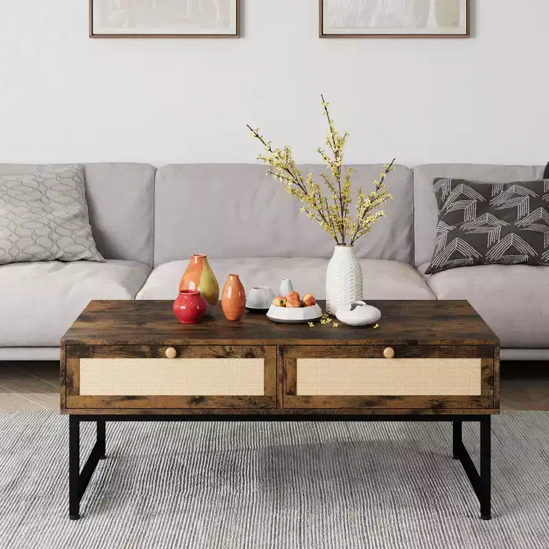 Acekool 46 Metal Frame Rattan Coffee Table with Double Drawers, Hidden Storage Compartment & Open Shelf
