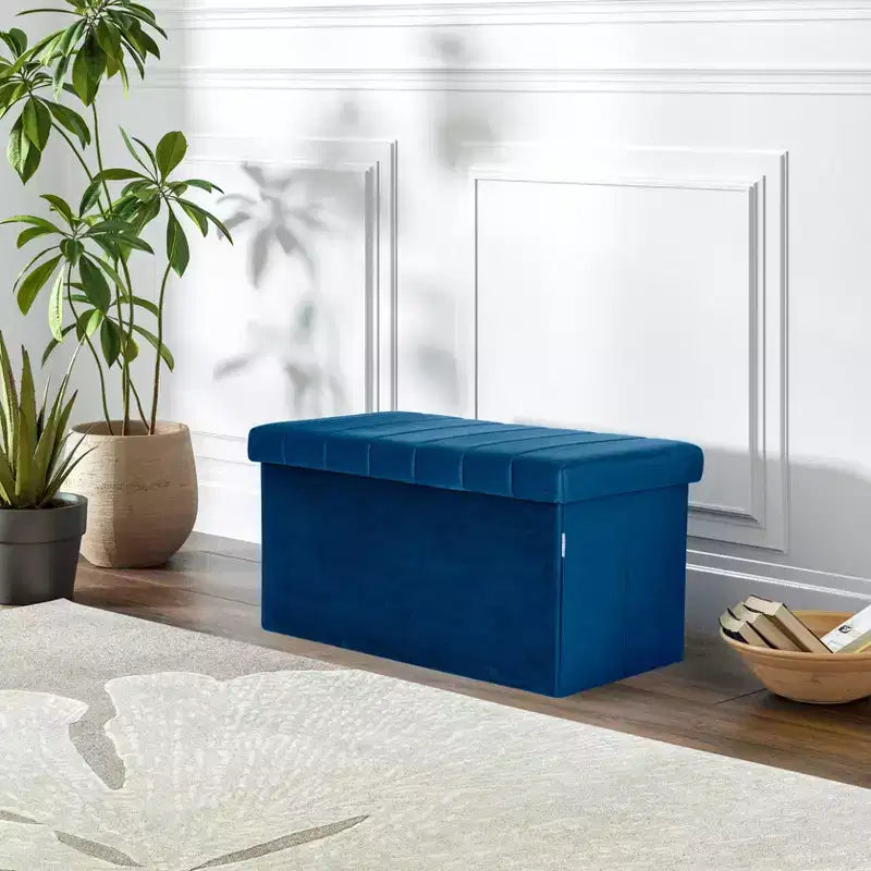 Seville Classics Blue Velvet Cushioned Accent Storage Ottoman