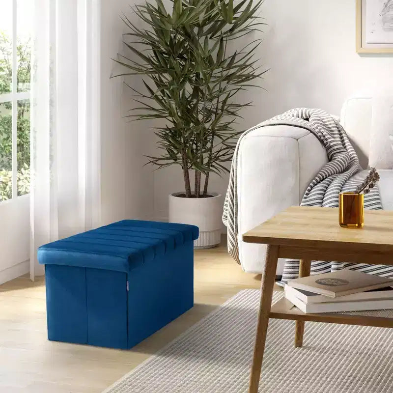Seville Classics Blue Velvet Cushioned Accent Storage Ottoman