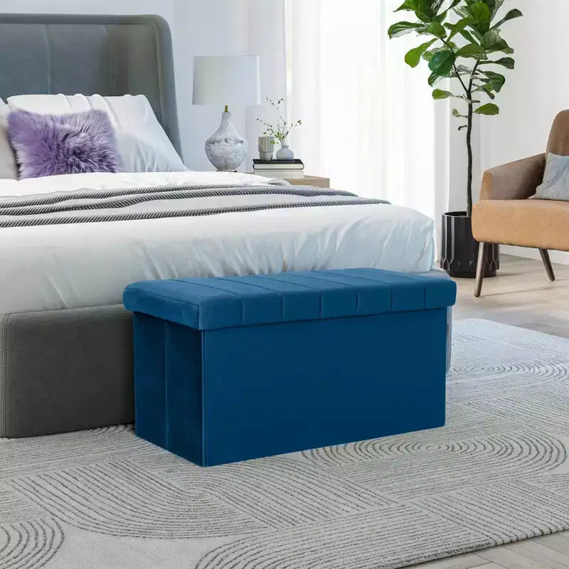 Seville Classics Blue Velvet Cushioned Accent Storage Ottoman