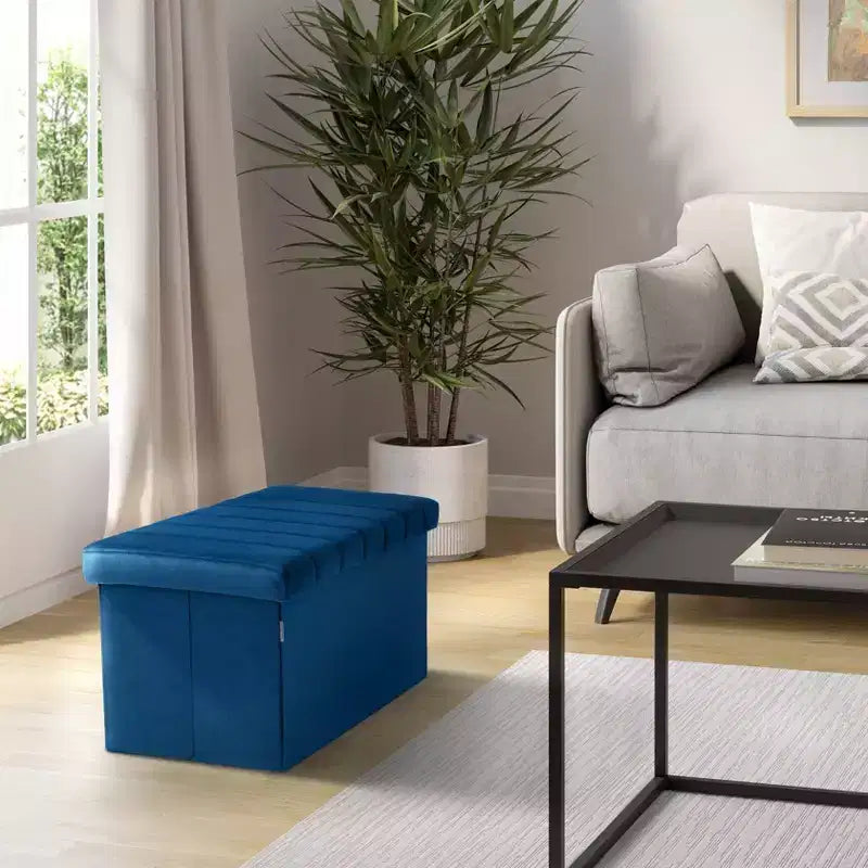 Seville Classics Blue Velvet Cushioned Accent Storage Ottoman