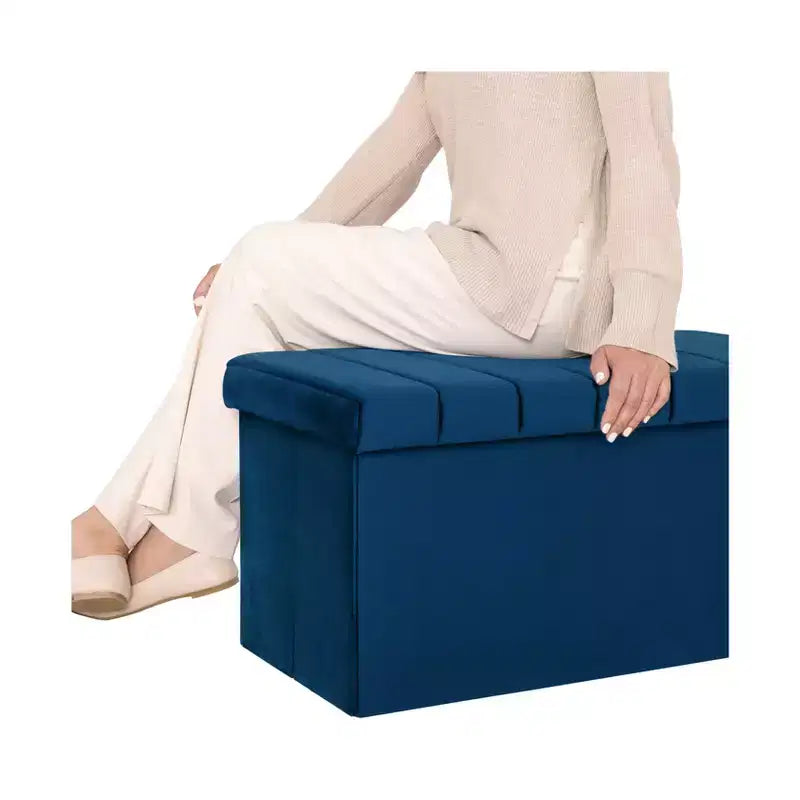Seville Classics Blue Velvet Cushioned Accent Storage Ottoman