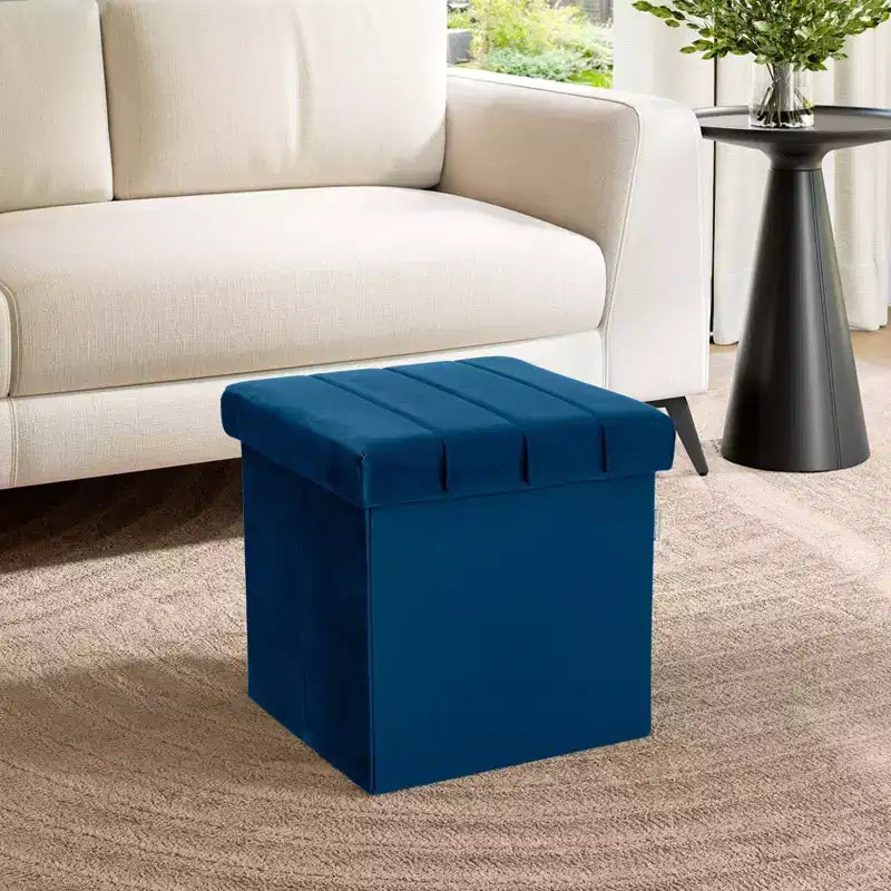 Seville Classics Blue Velvet Cushioned Accent Storage Ottoman