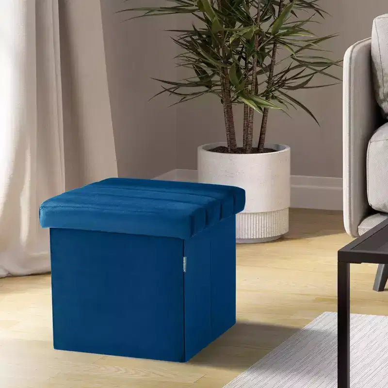 Seville Classics Blue Velvet Cushioned Accent Storage Ottoman