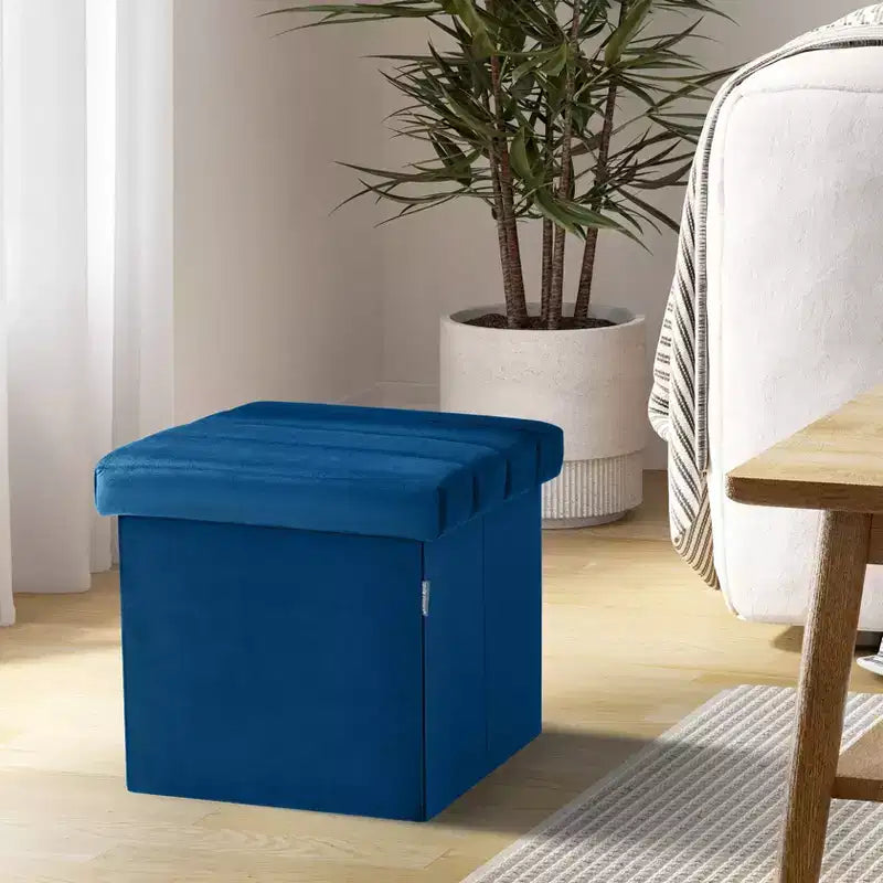Seville Classics Blue Velvet Cushioned Accent Storage Ottoman