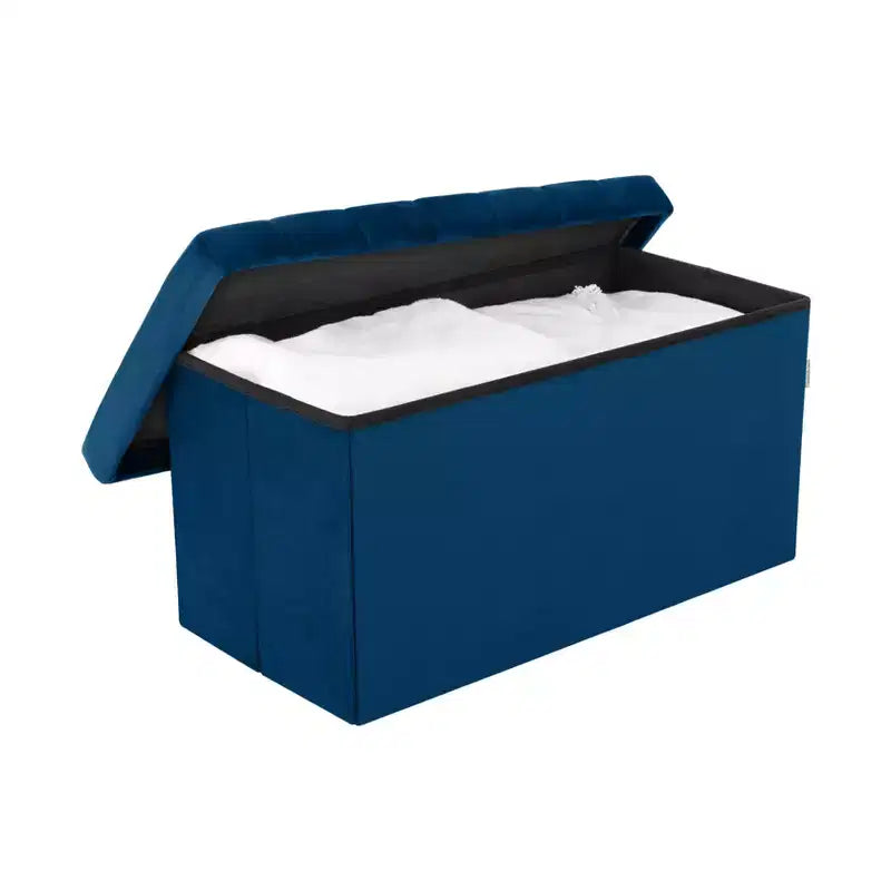 Seville Classics Blue Velvet Cushioned Accent Storage Ottoman