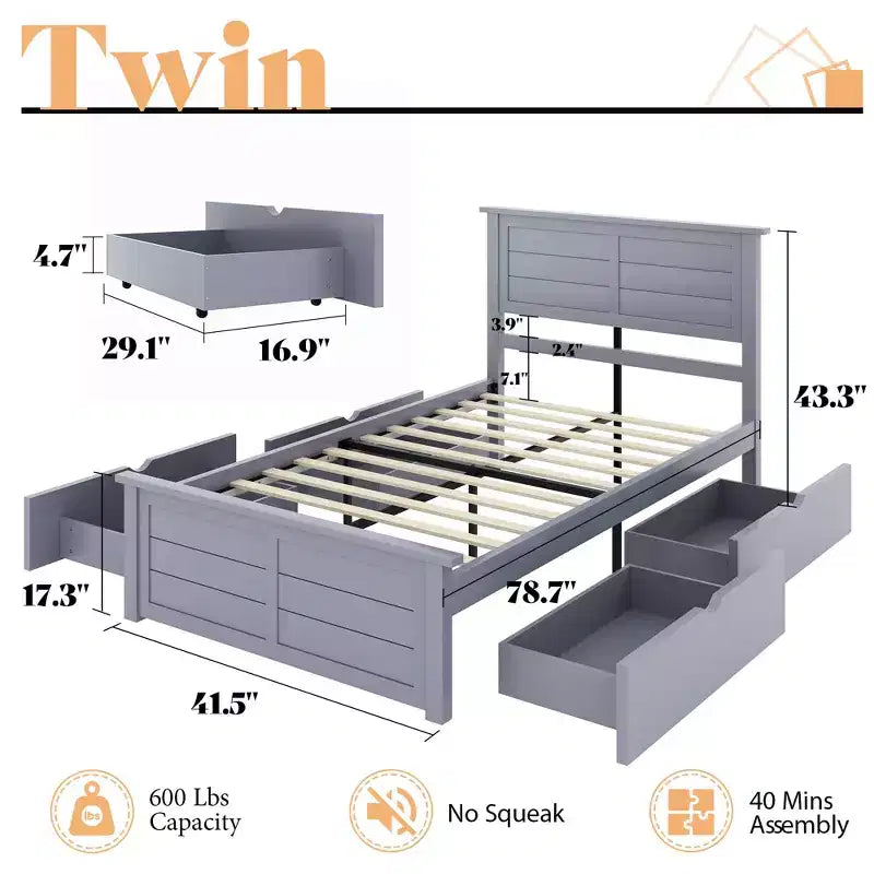 AMERLIFE Bed Frame with Headboard, Platform Beds with 4 Storage Drawers