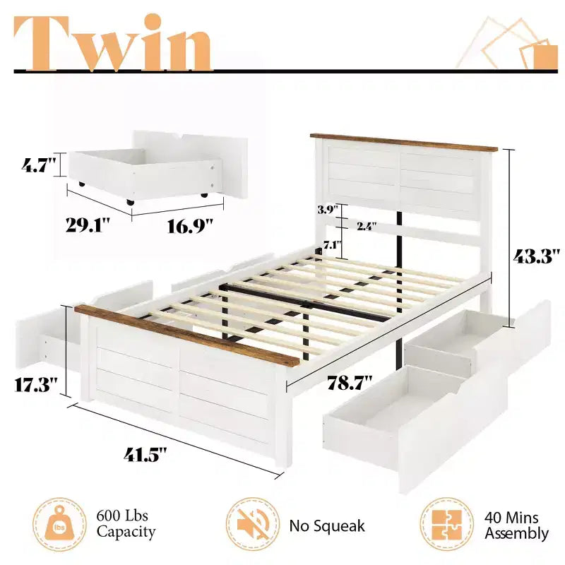 AMERLIFE Bed Frame with Headboard, Platform Beds with 4 Storage Drawers