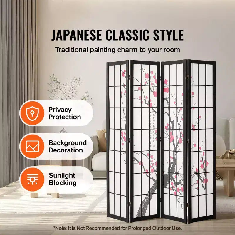 VEVOR Room Divider, 4 Panel Japanese Room Divider Screen, Wood Folding Privacy Screen Indoor, Partition Portable Decoration Dividers Brown+White