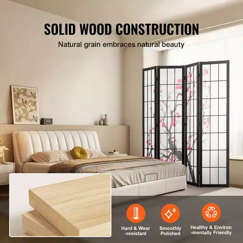 VEVOR Room Divider, 4 Panel Japanese Room Divider Screen, Wood Folding Privacy Screen Indoor, Partition Portable Decoration Dividers Brown+White