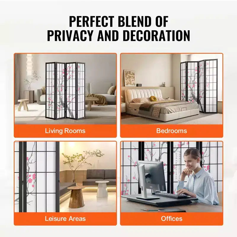VEVOR Room Divider, 4 Panel Japanese Room Divider Screen, Wood Folding Privacy Screen Indoor, Partition Portable Decoration Dividers Brown+White