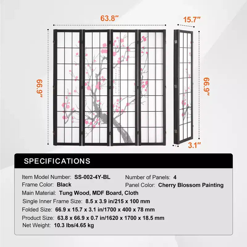 VEVOR Room Divider, 4 Panel Japanese Room Divider Screen, Wood Folding Privacy Screen Indoor, Partition Portable Decoration Dividers Brown+White