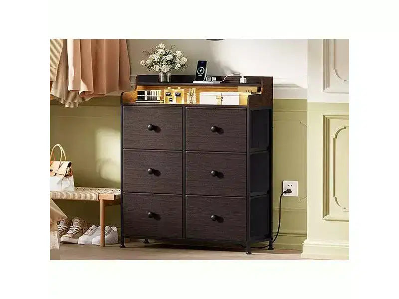 Hausource 6 Drawer Dresser with Charging Station, LED Lights, Tall Storage Chest with Wooden Top