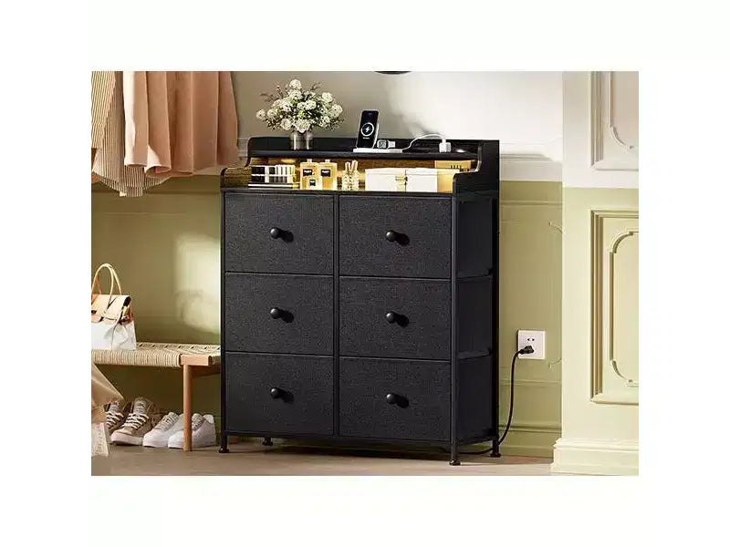 Hausource 6 Drawer Dresser with Charging Station, LED Lights, Tall Storage Chest with Wooden Top