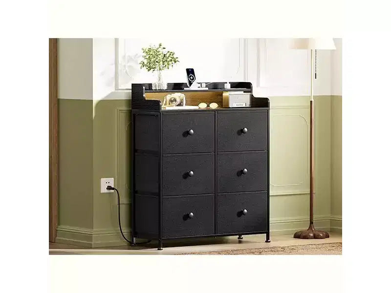 Hausource 6 Drawer Dresser with Charging Station, LED Lights, Tall Storage Chest with Wooden Top