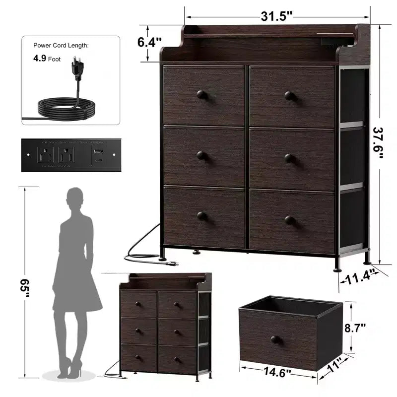 Hausource 6 Drawer Dresser with Charging Station, LED Lights, Tall Storage Chest with Wooden Top