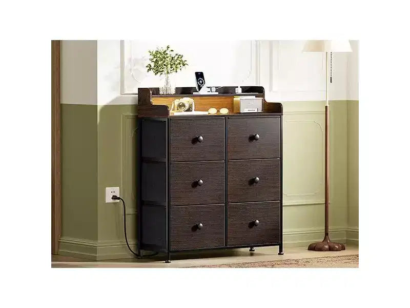 Hausource 6 Drawer Dresser with Charging Station, LED Lights, Tall Storage Chest with Wooden Top
