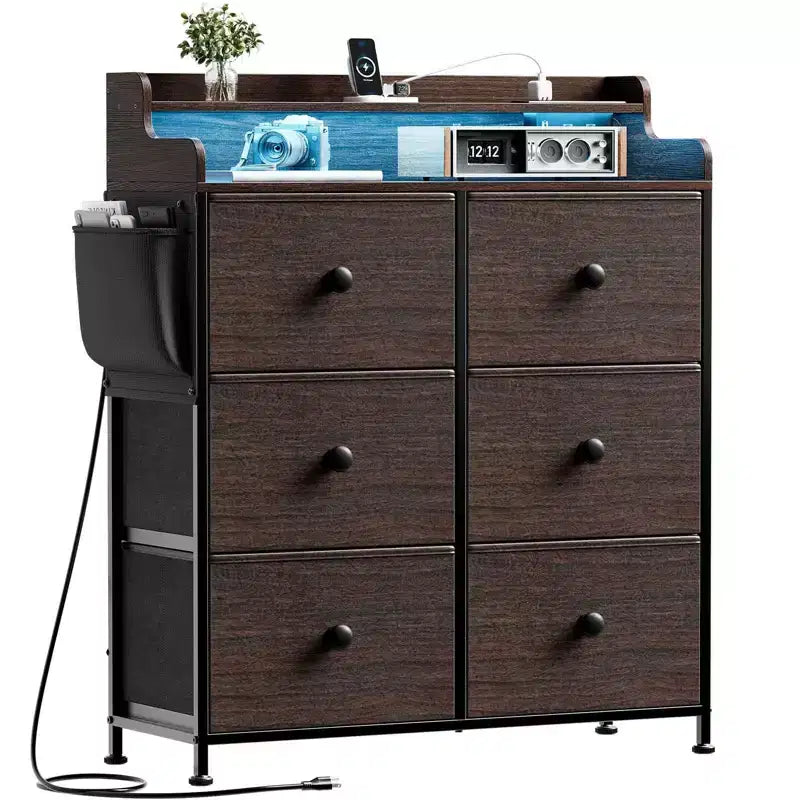 Hausource 6 Drawer Dresser with Charging Station, LED Lights, Tall Storage Chest with Wooden Top